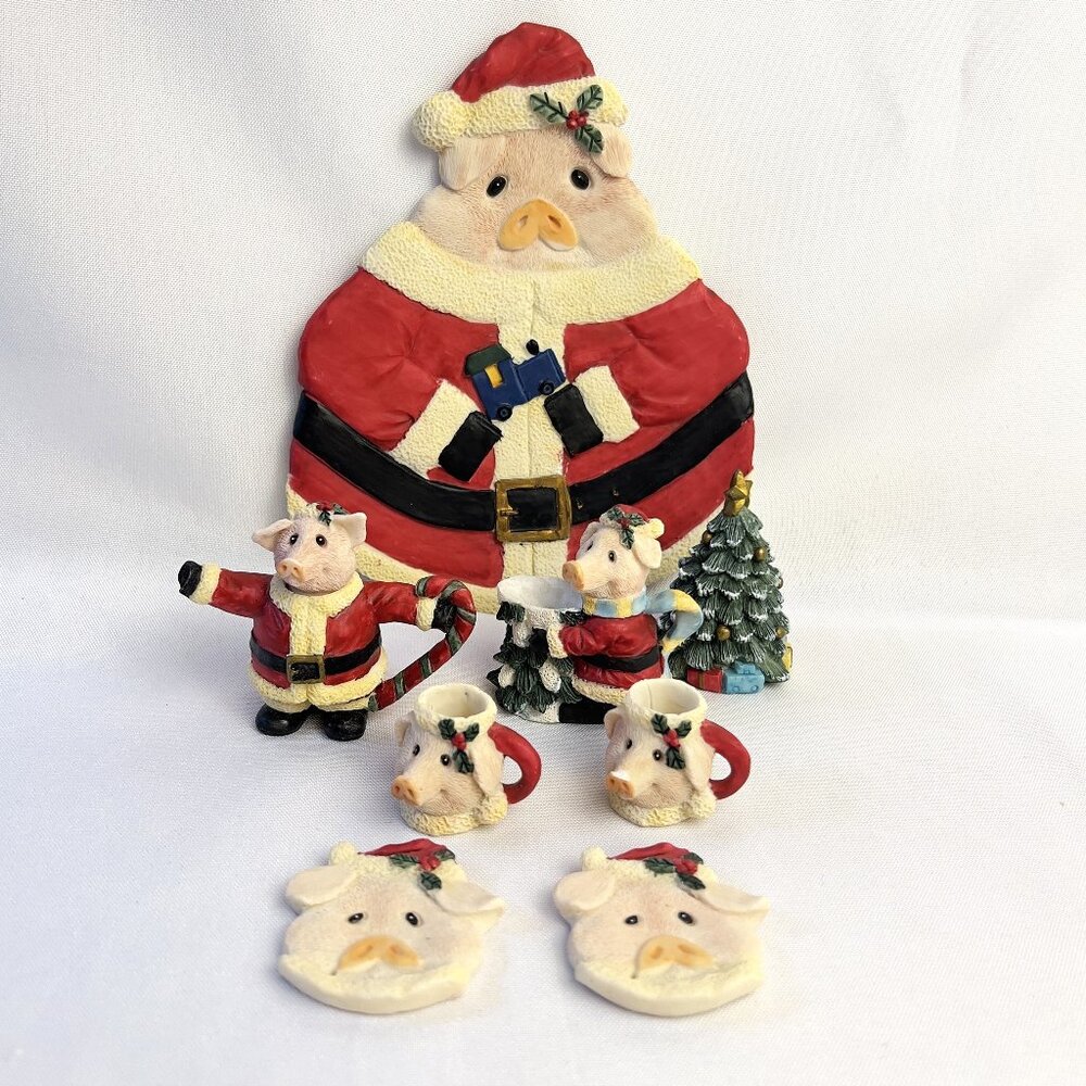 Youngs Vintage Christmas Miniature Santa Pig Tea Set Collection 1995 – 9 pcs.